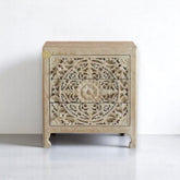 Hand-carved Floral Design 3 Drawers Bedside Table Washed Grey | Hand-carved Floral Design 3 Drawers Nightstand Table